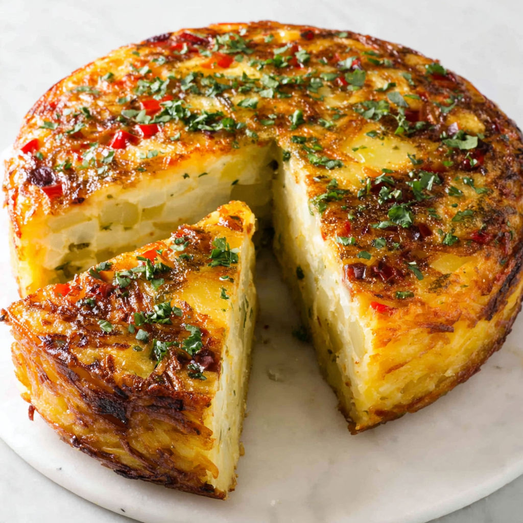 A slice of a Spanish Tortilla-Inspired Quiche with Hashbrown Crust.