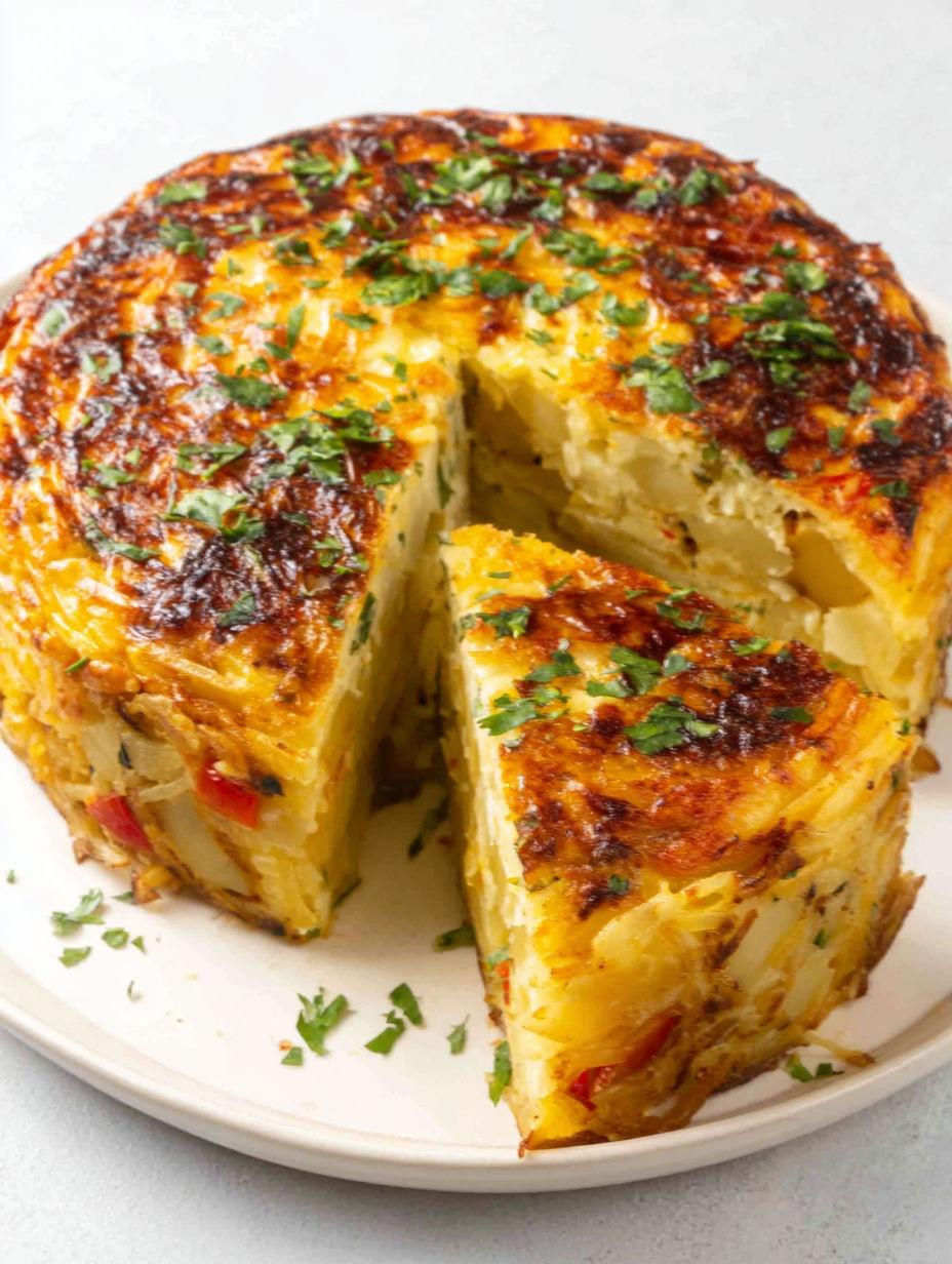 A slice of a Spanish Tortilla-Inspired Quiche with a hashbrown crust.