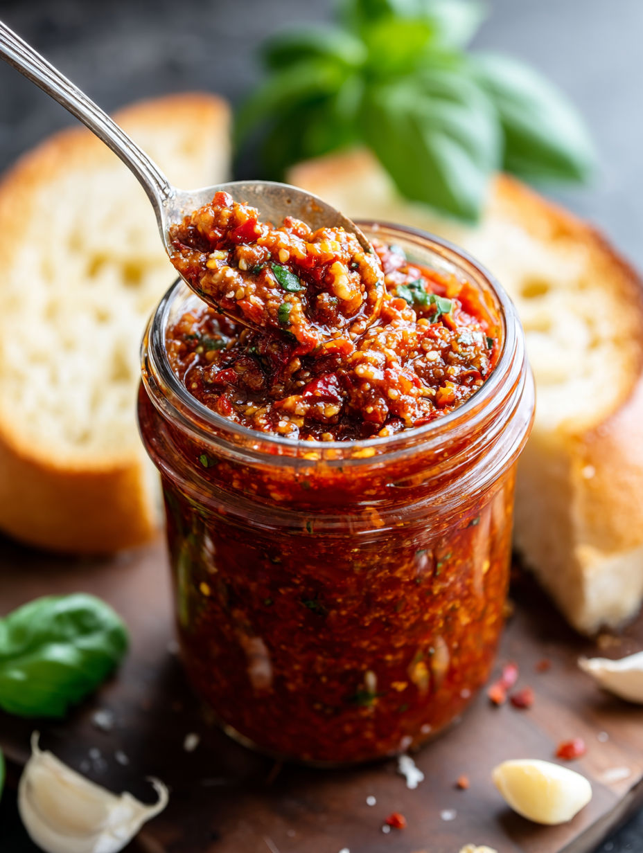 A jar of red pepper pesto is being scooped out with a spoon.