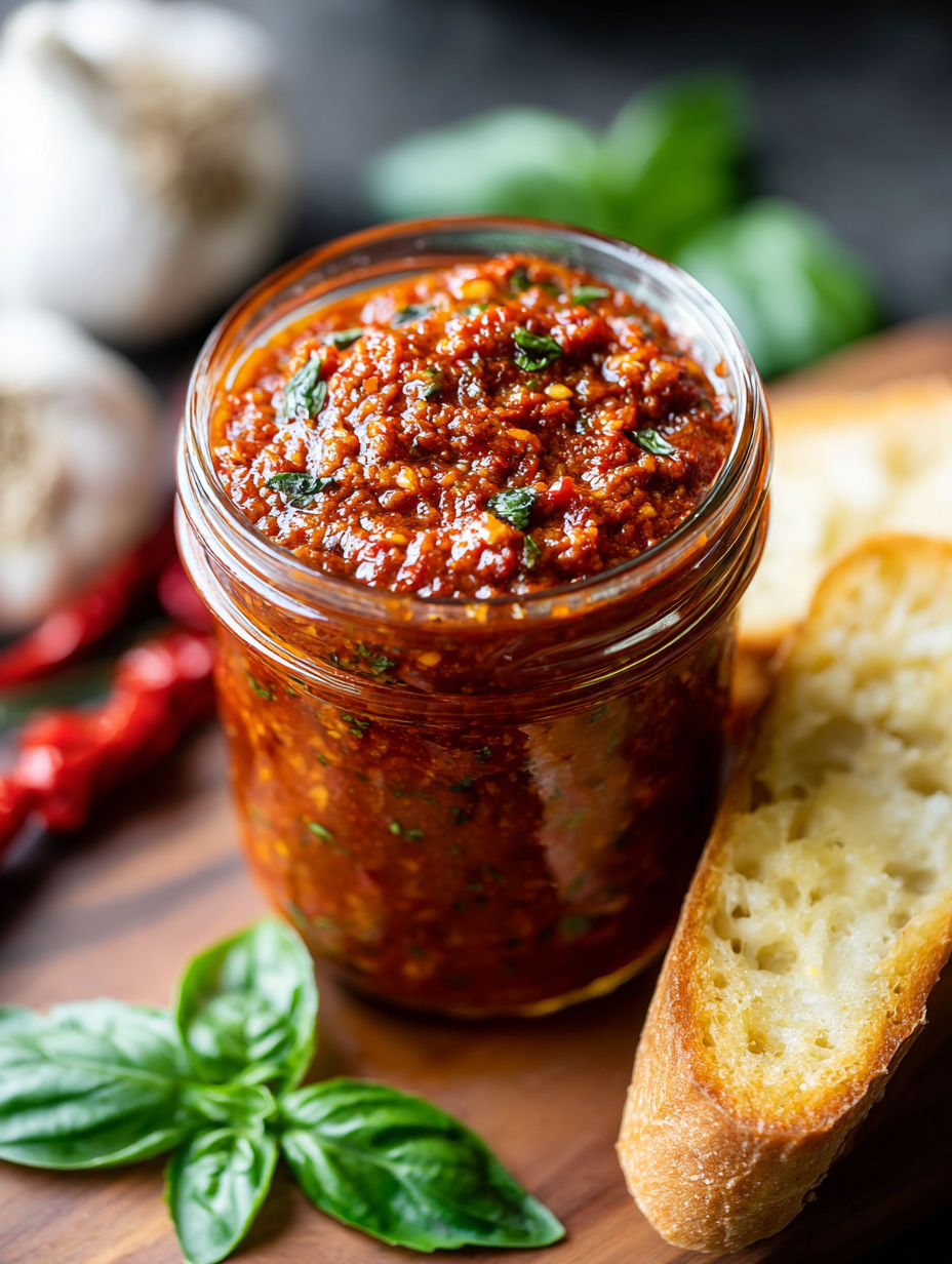 A jar of red pepper pesto sits on a table.