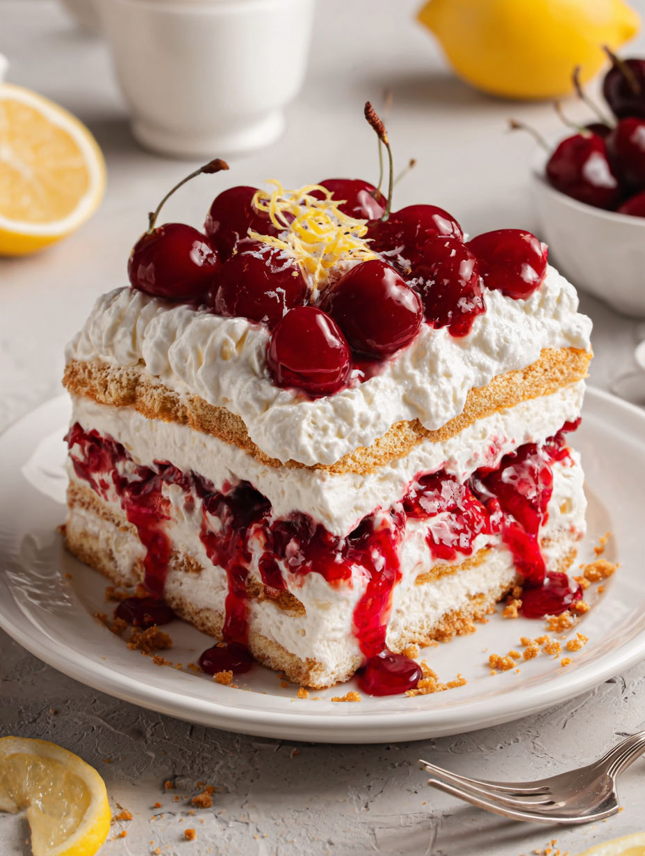 A slice of cherry cheesecake icebox cake.