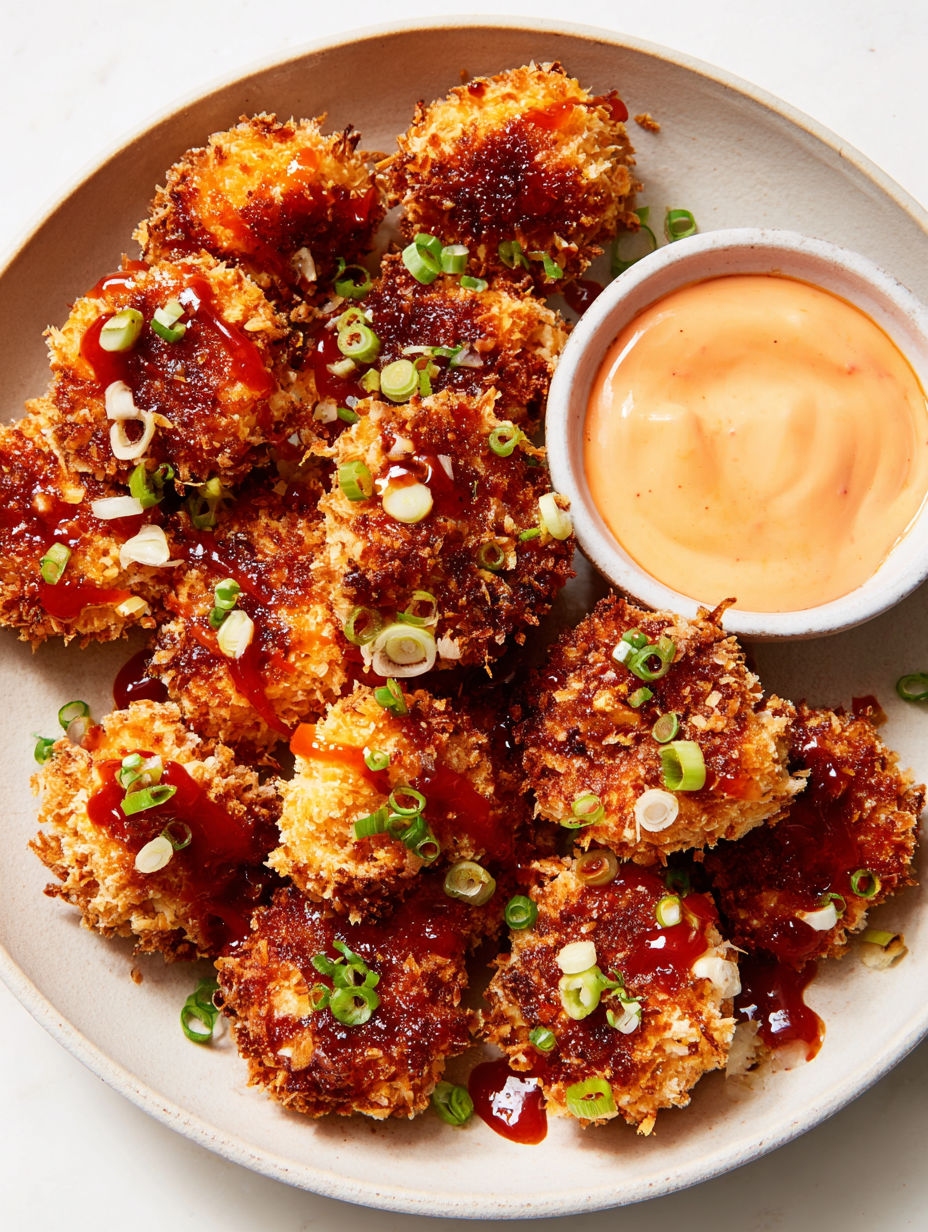 A plate of bang bang chicken bites with a dipping sauce.