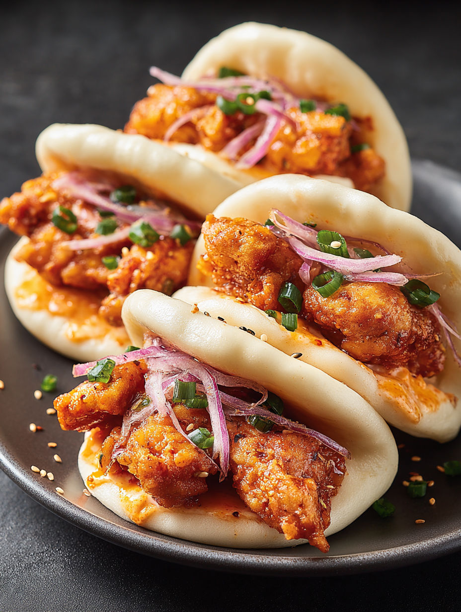 Spicy fried chicken baos on a plate.