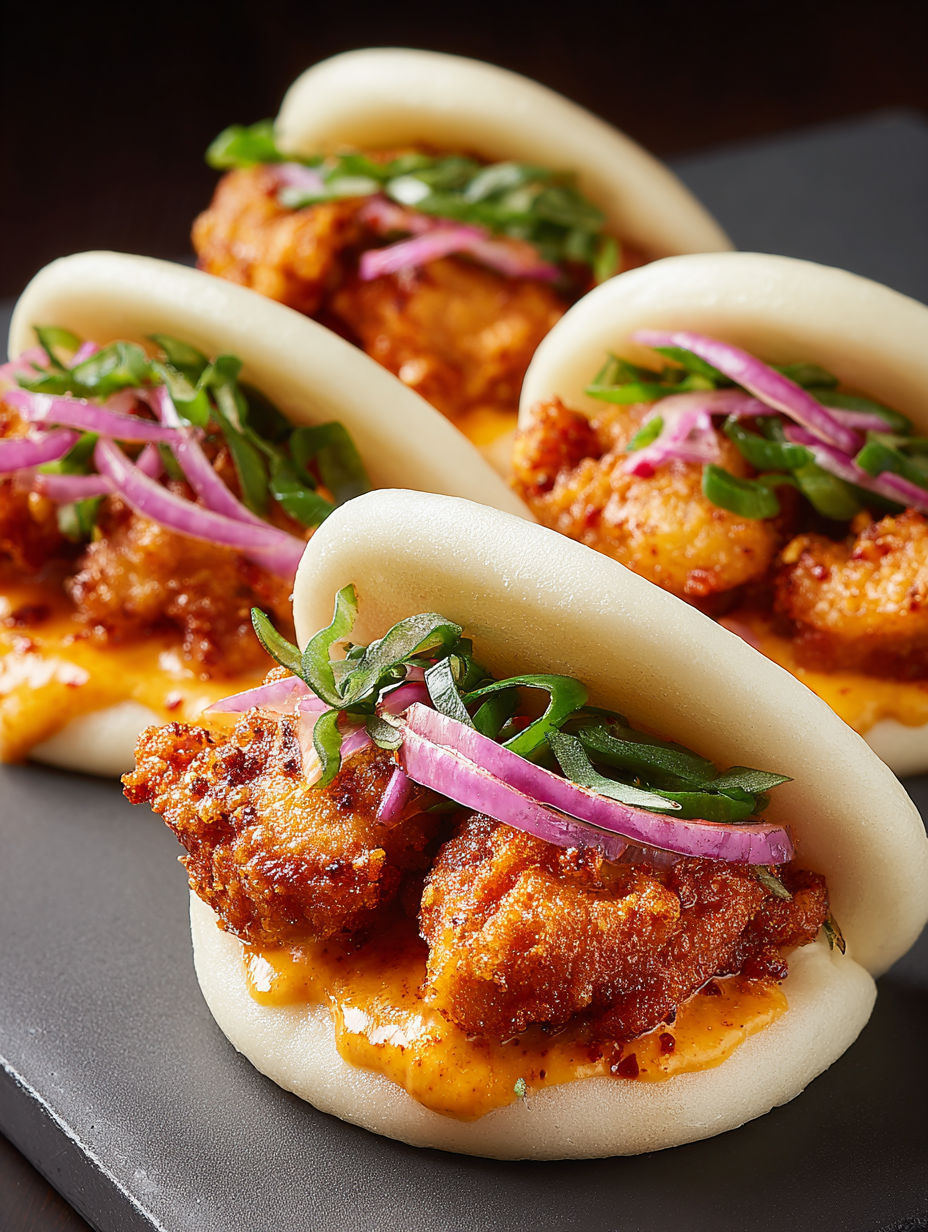 Two buns filled with spicy fried chicken.