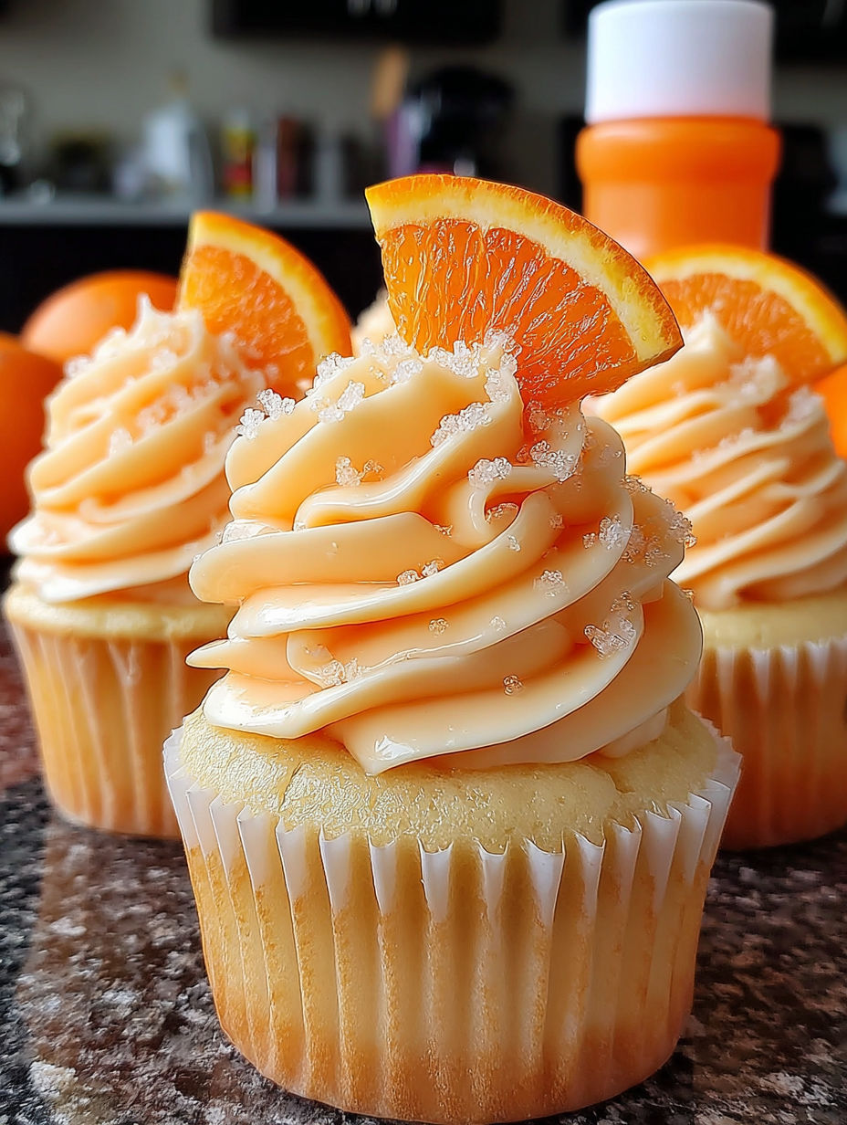 A cupcake with a frosting of orange and white.