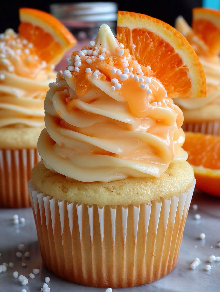 A cupcake with orange frosting and a slice of orange on top.
