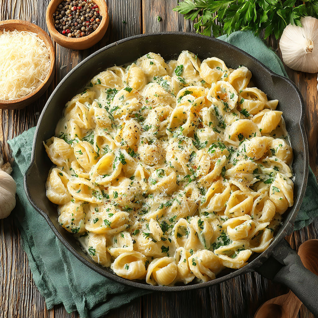 A pan of creamy garlic parmesan pasta.