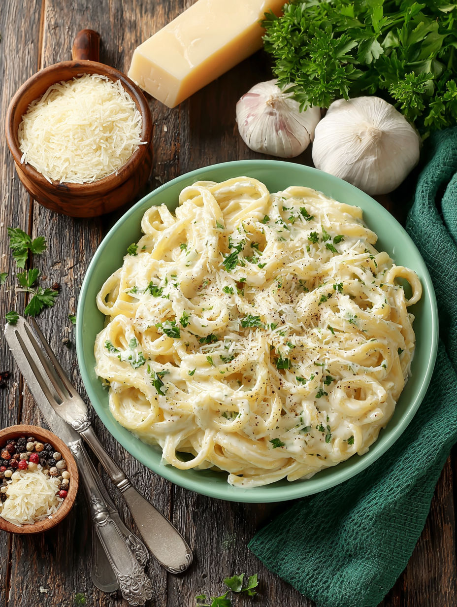 A bowl of creamy garlic Parmesan pasta.