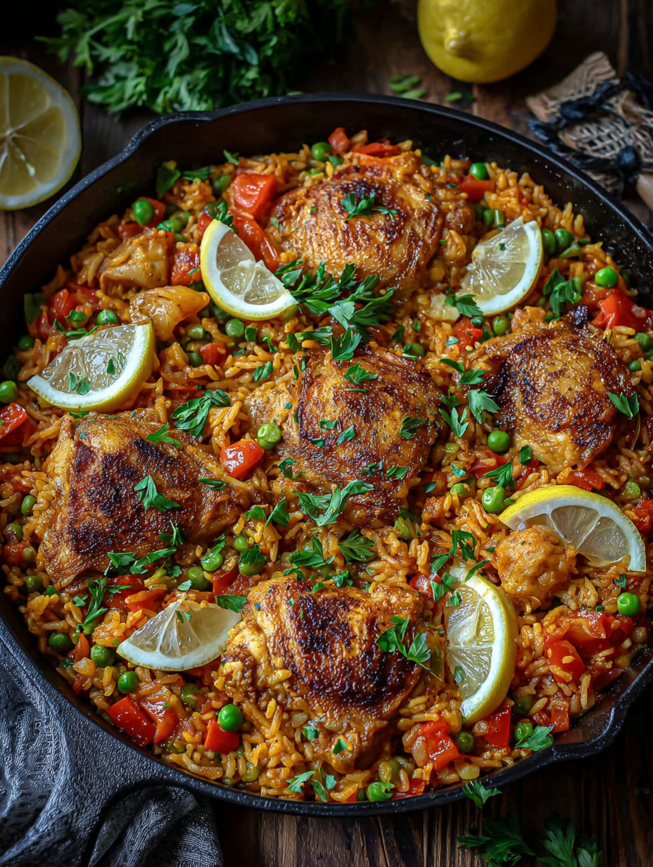 A one-pot chicken and rice dish with lemon wedges on top.
