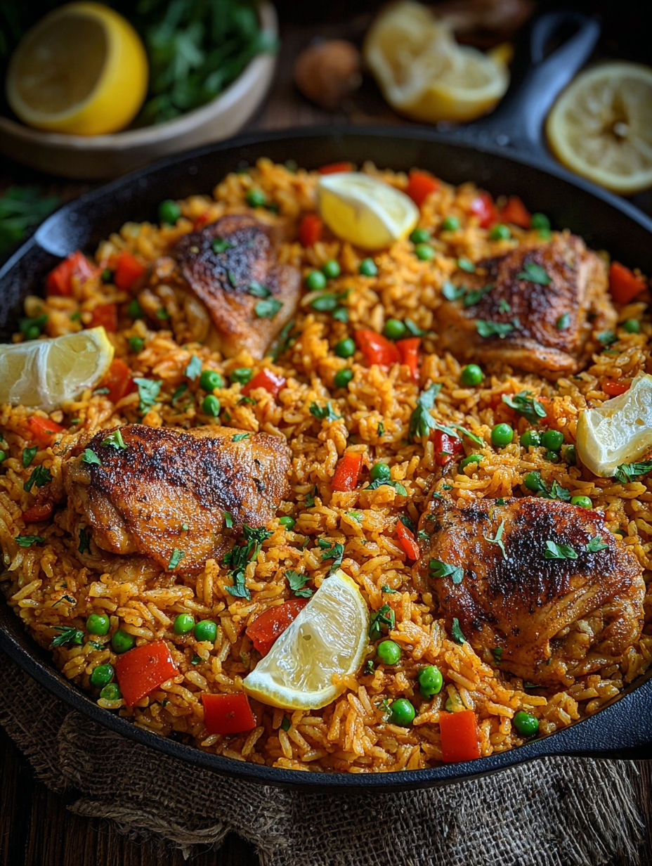 A dish of rice and chicken with lemon wedges on top.