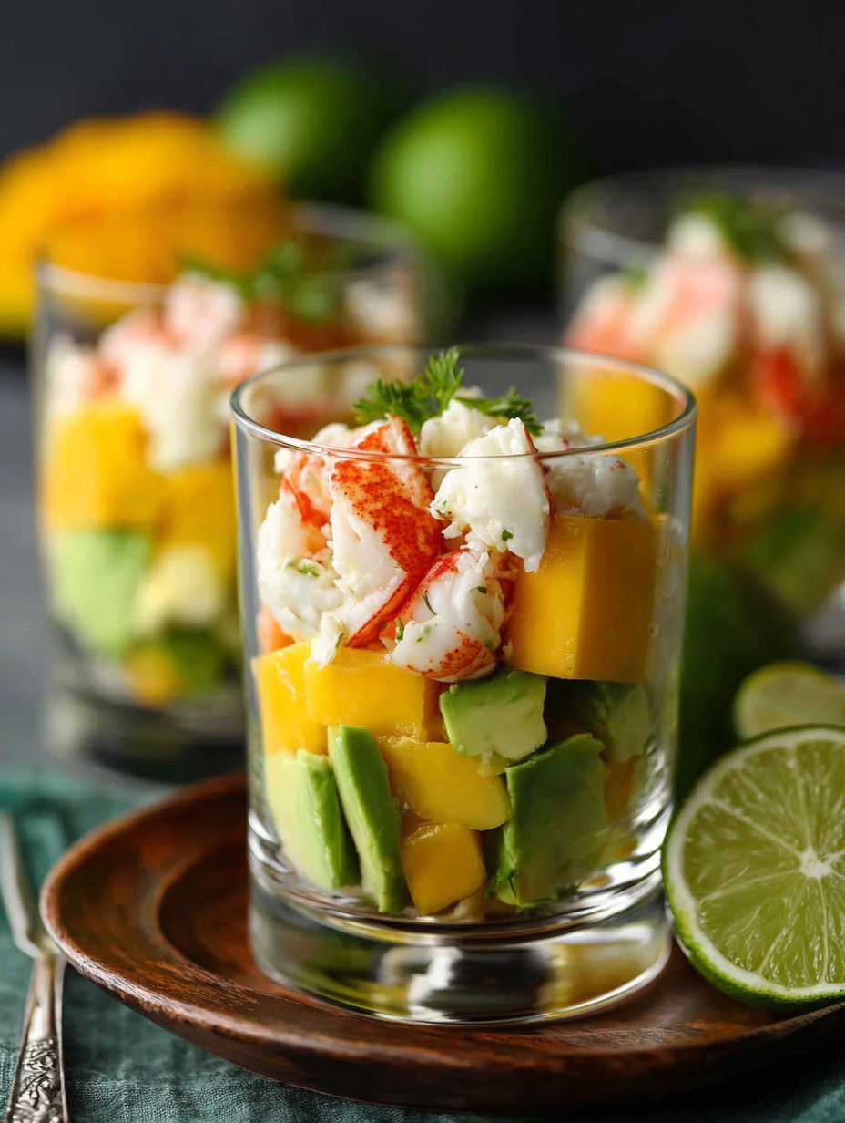 A glass of food with shrimp, avocado, and mango.
