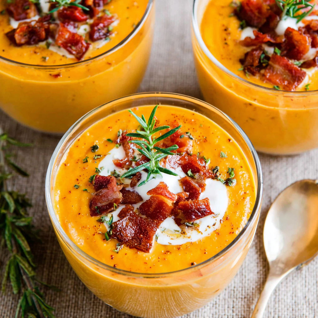 Three bowls of soup with bacon and chorizo.