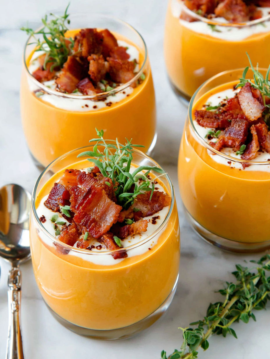 A glass of butternut squash soup with chorizo and lard.