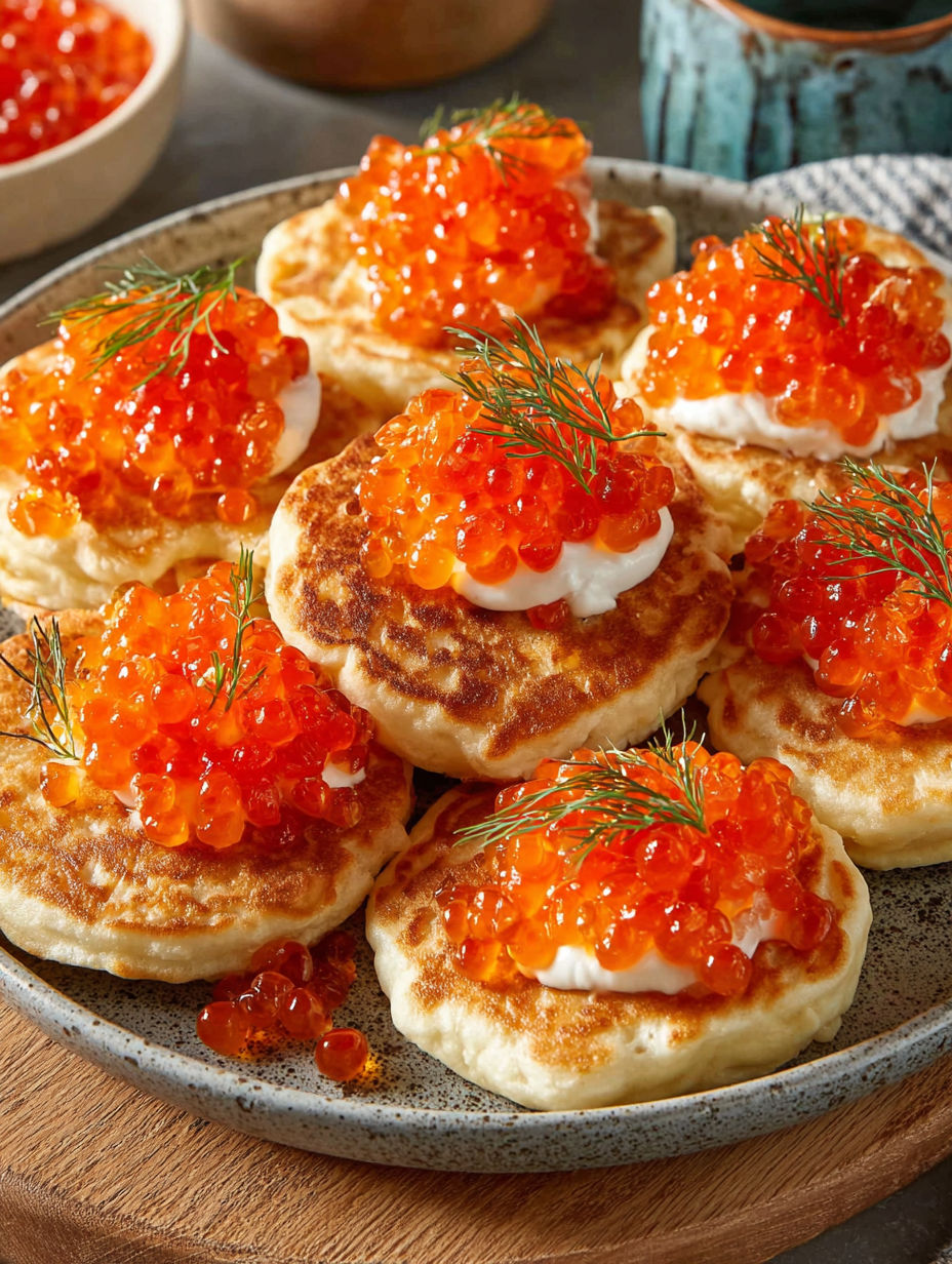 A plate of blinis with fish eggs on top.