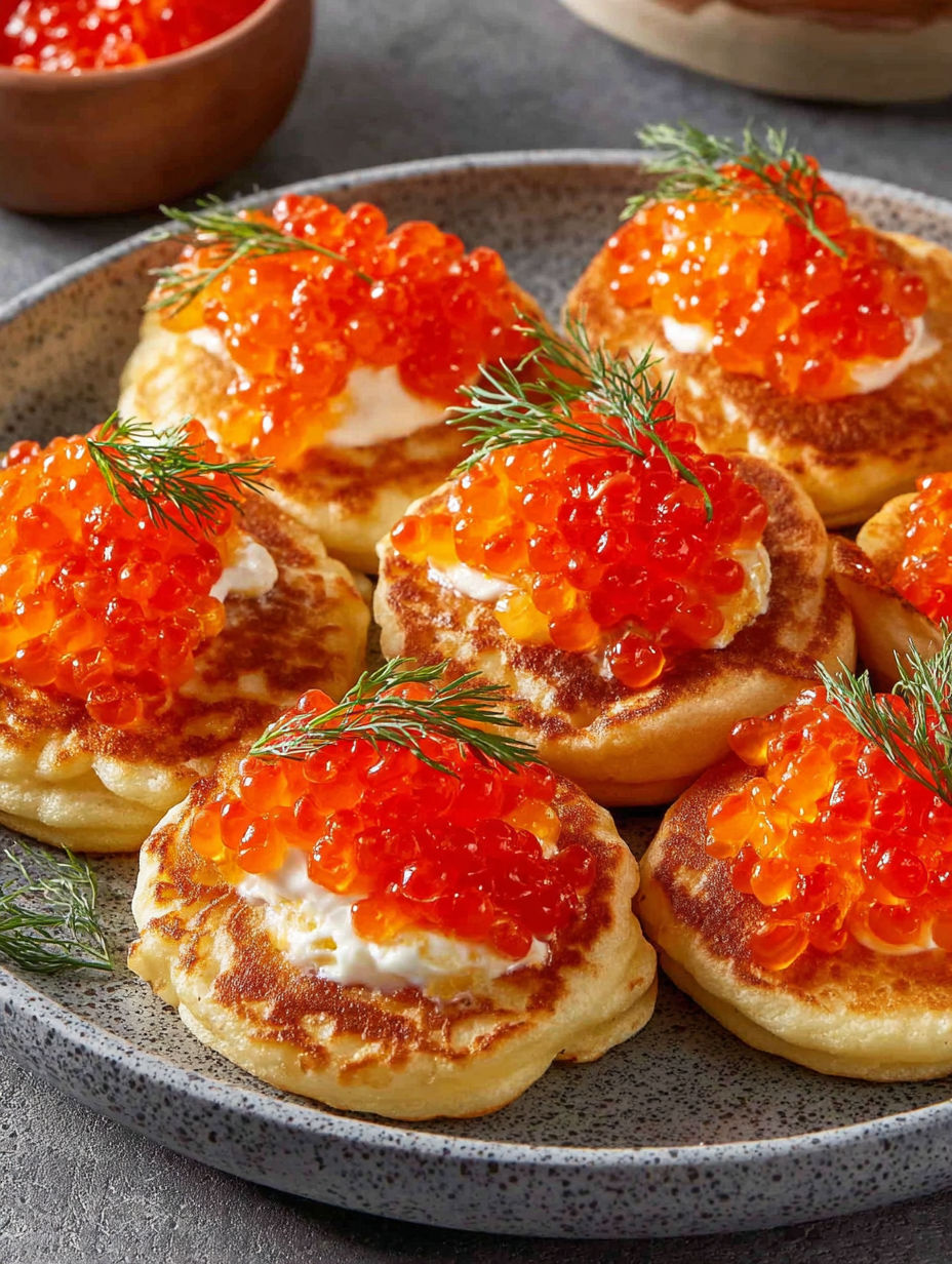 Blinis with caviar and eggs.