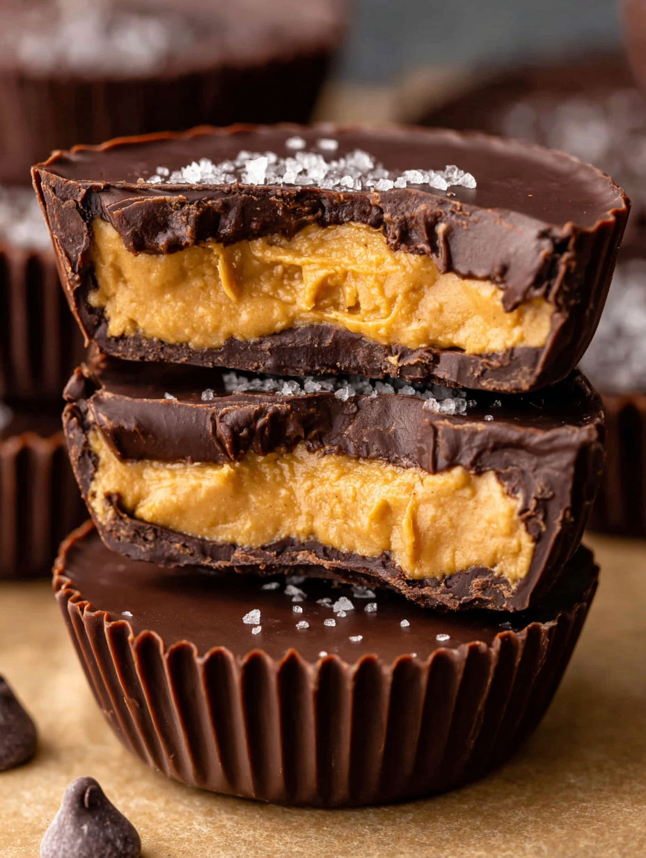 Three homemade peanut butter cups stacked on top of each other.