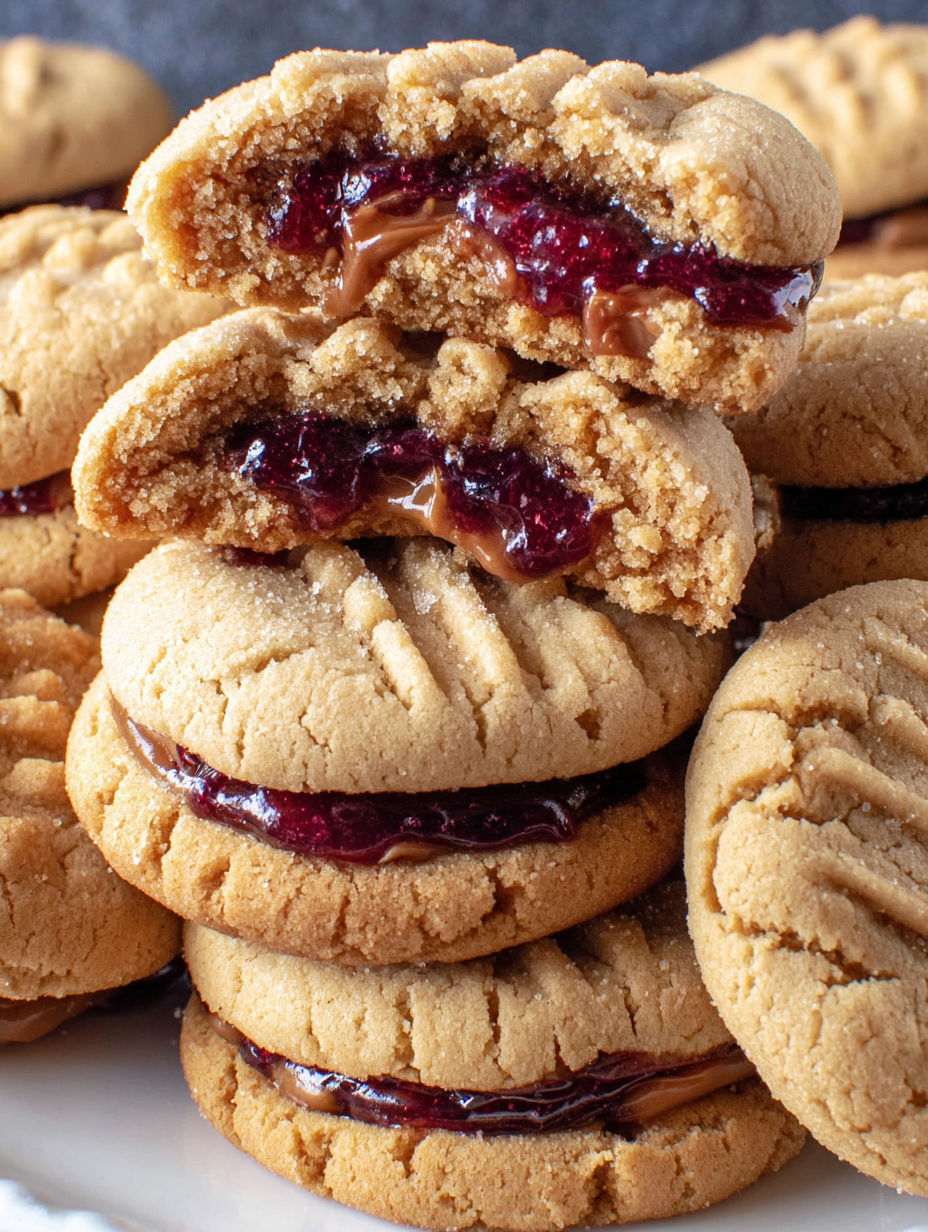 A stack of cookies with chocolate and jelly.