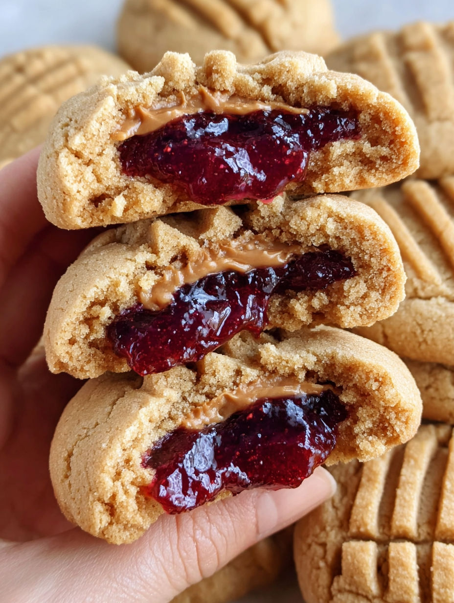 A hand holding a cookie with jelly in it.