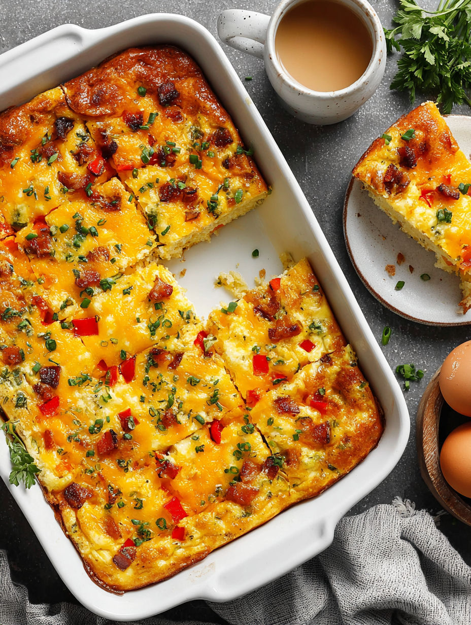 A dish of ham and cheese breakfast casserole.