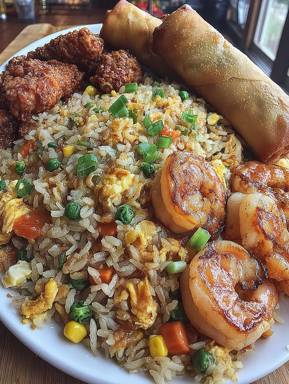 A plate of food with shrimp, rice, and vegetables.