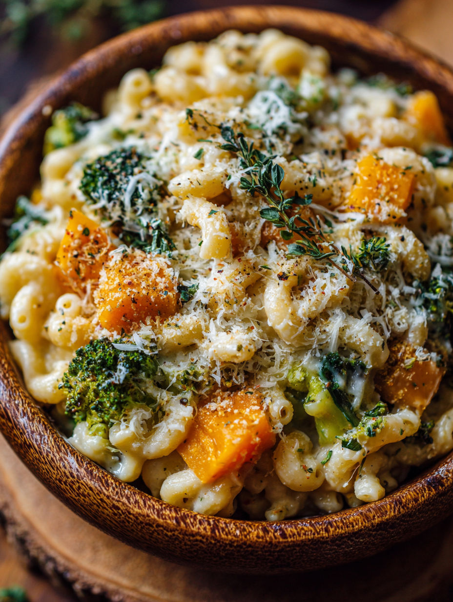 A bowl of mac and cheese with vegetables.