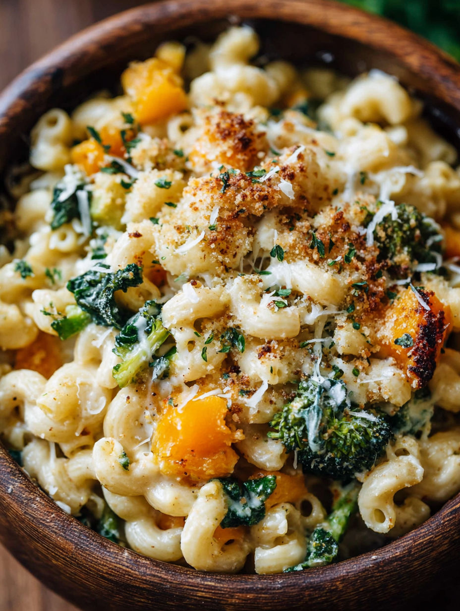 A bowl of mac and cheese with broccoli and carrots.