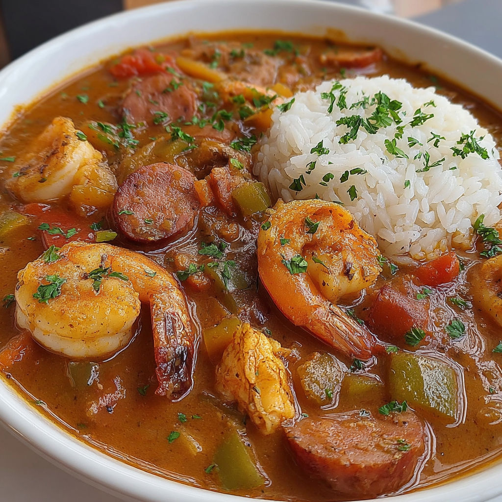A bowl of chicken, shrimp, and sausage gumbo.