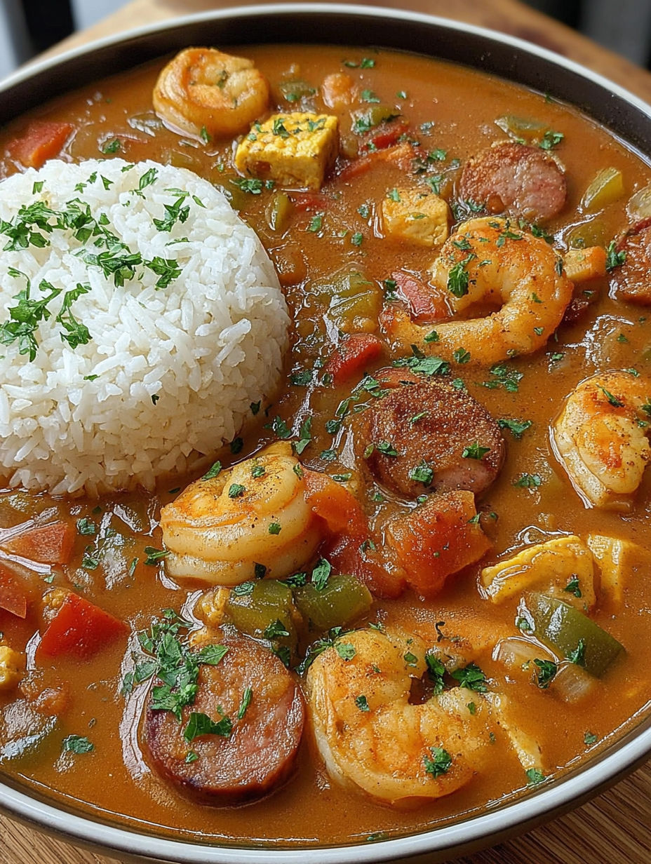 A bowl of chicken, shrimp, and sausage gumbo.