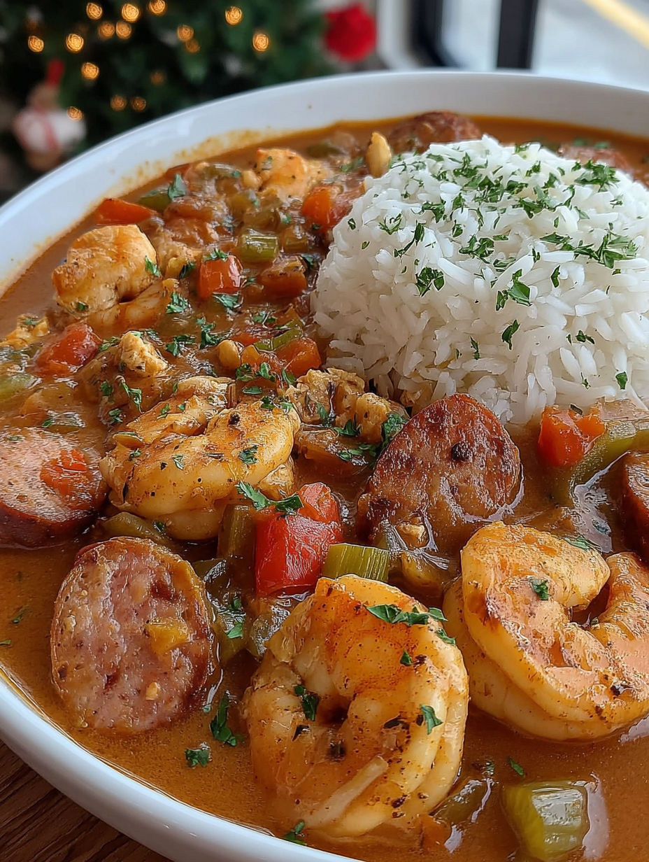 A bowl of chicken, sausage, and shrimp gumbo.