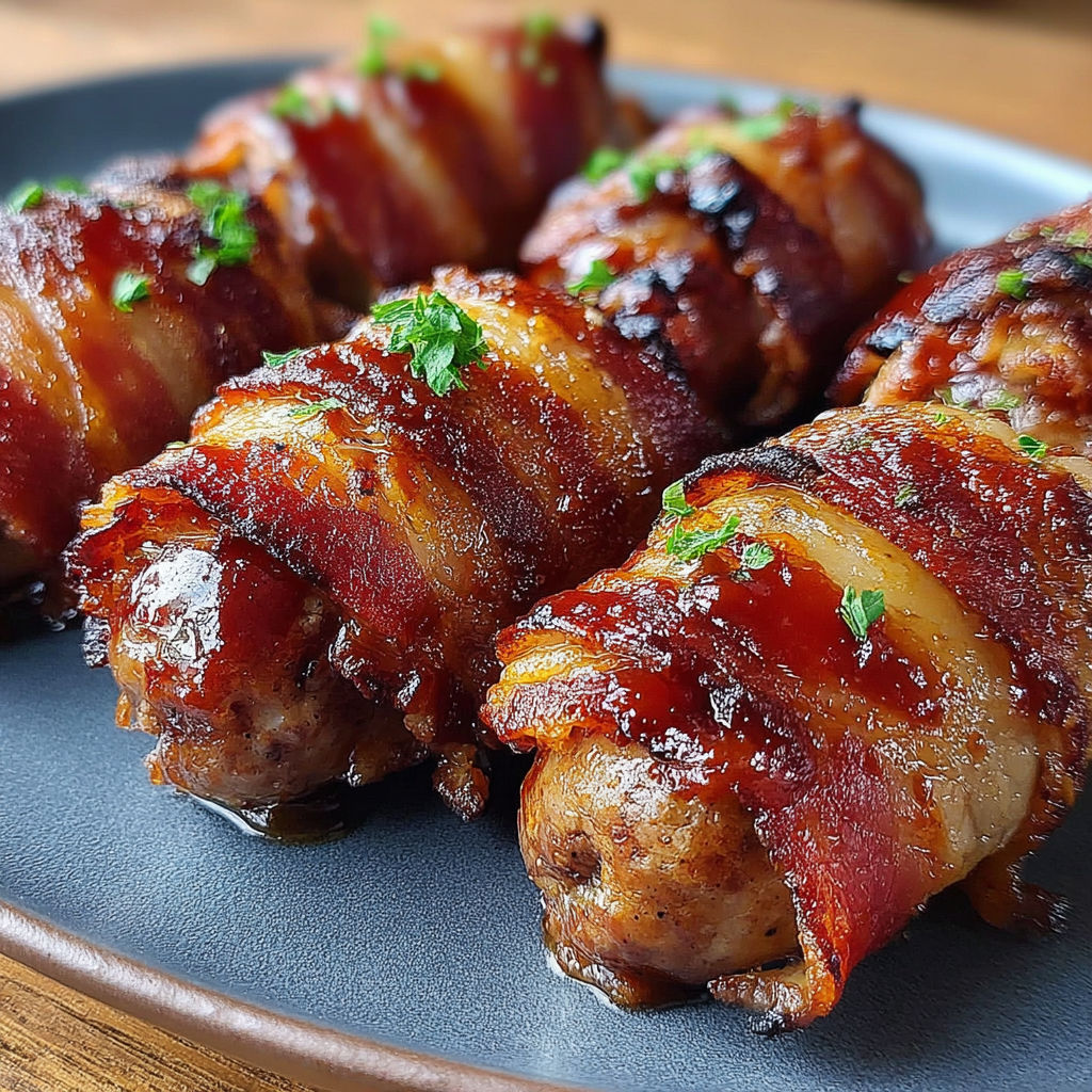 Bacon wrapped sausage roll ups on a plate.