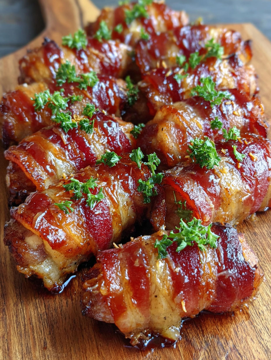 Bacon wrapped sausage roll-ups on a wooden board.