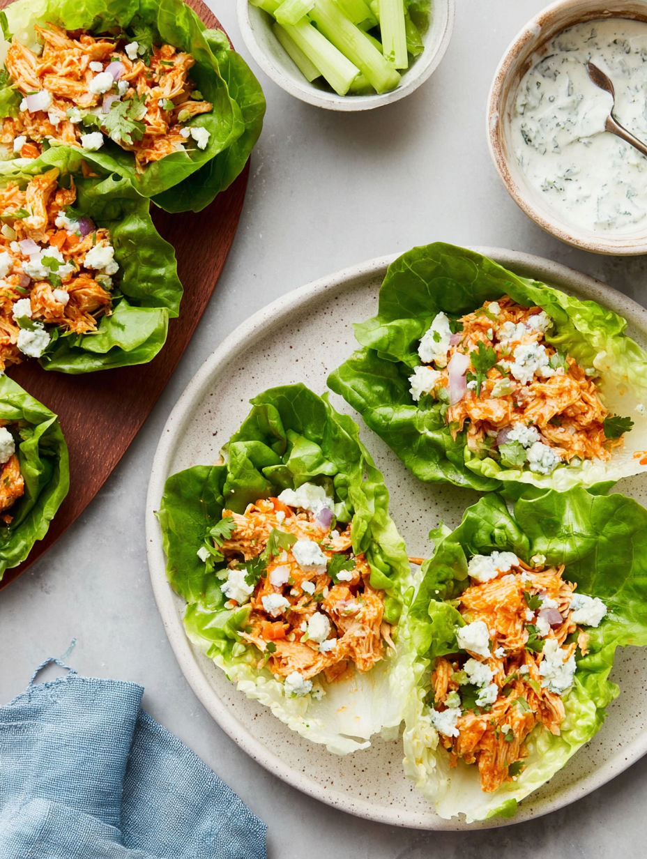A plate of buffalo chicken salad with lettuce wraps.