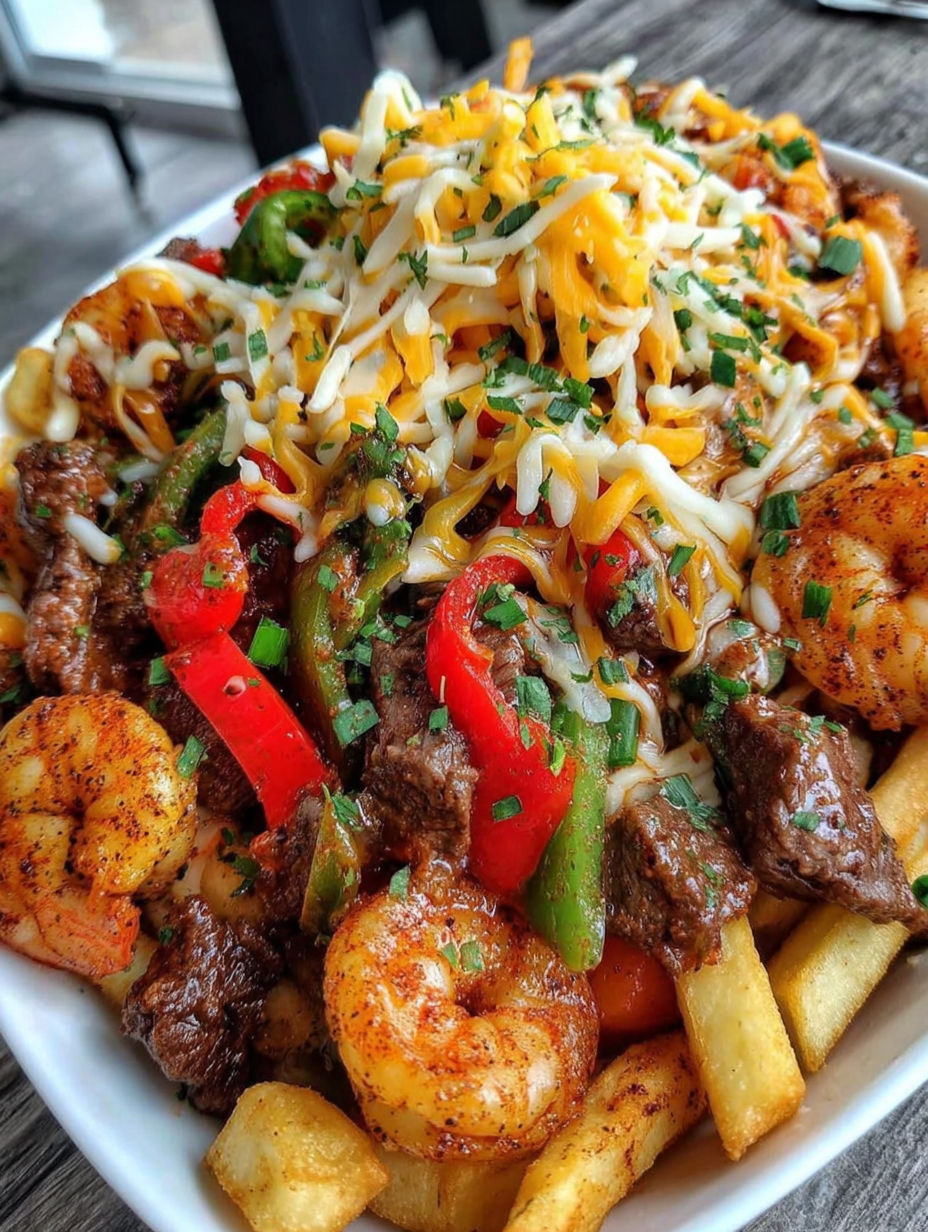 A bowl of shrimp and cheese fries.