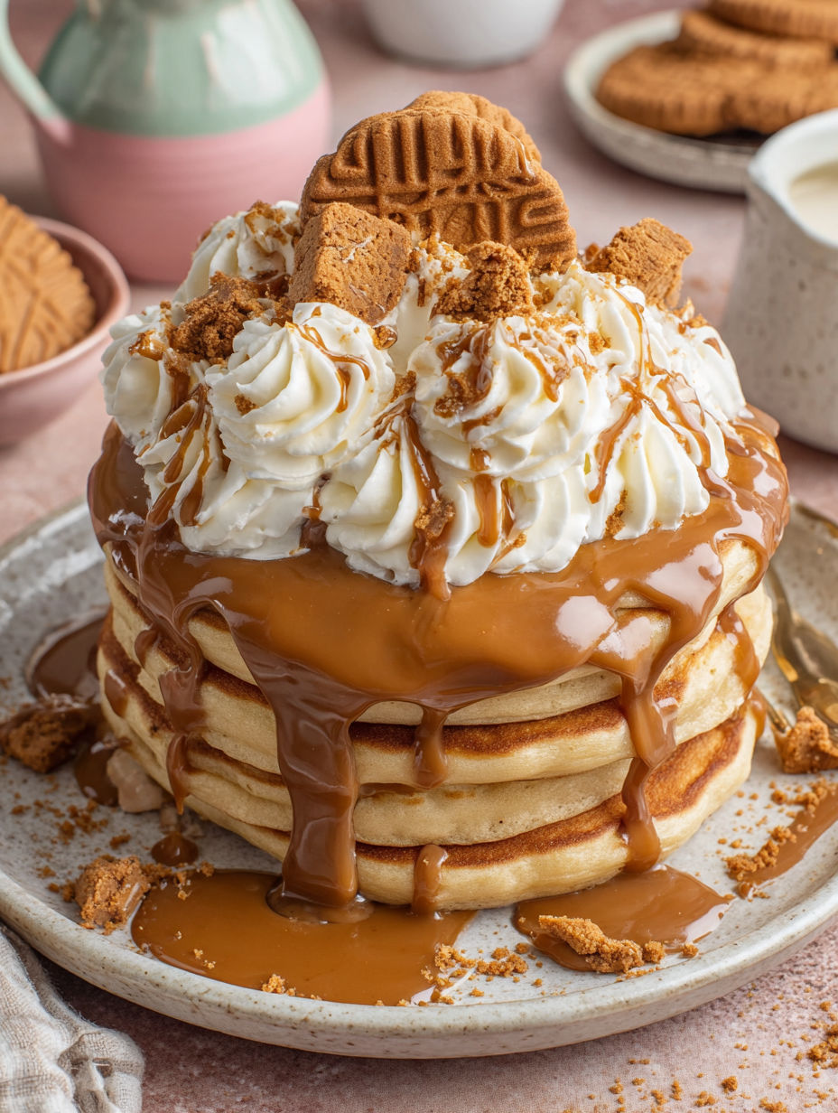 A stack of Biscoff pancakes with caramel sauce drizzled on top.