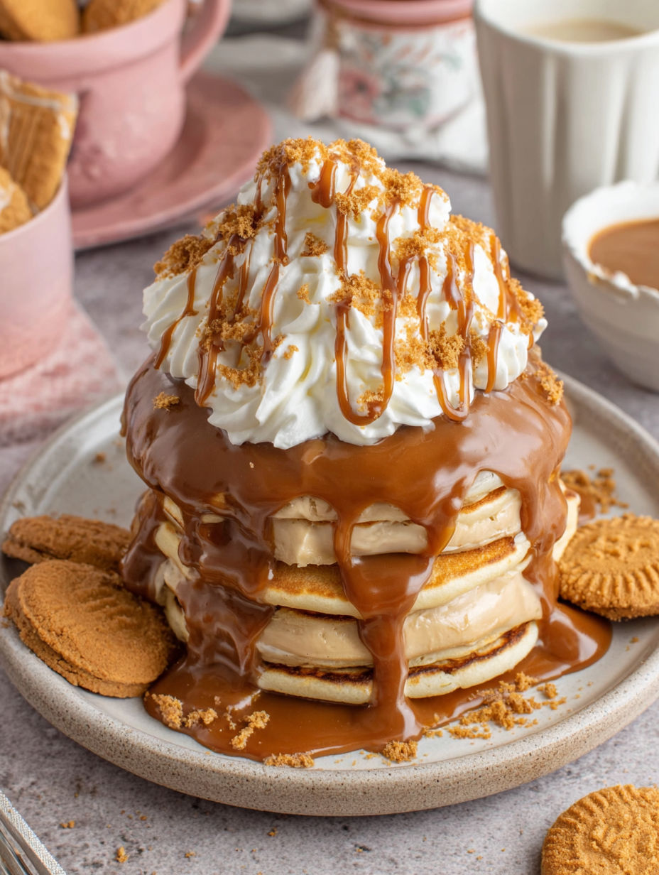A stack of Biscoff pancakes with whipped cream and caramel drizzle.