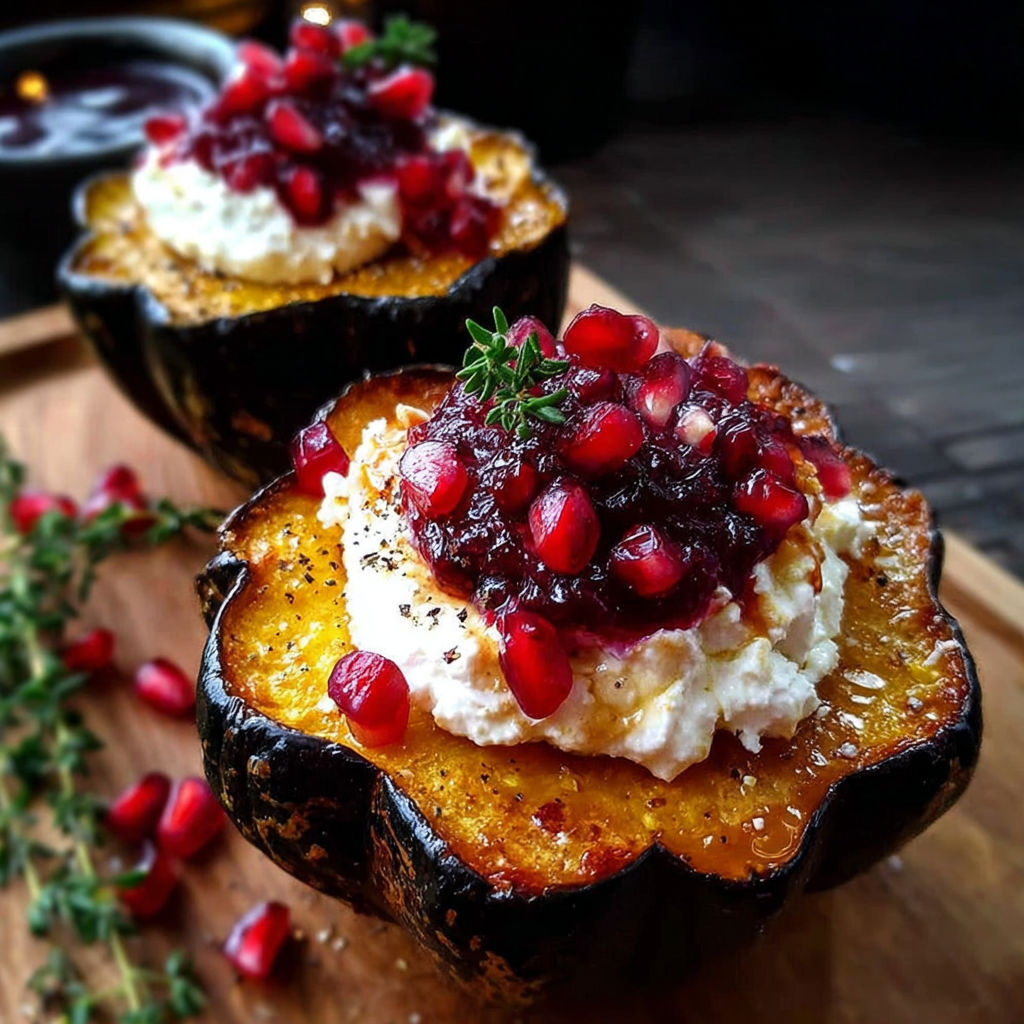 Two roasted acorn squash filled with ricotta and cranberry.