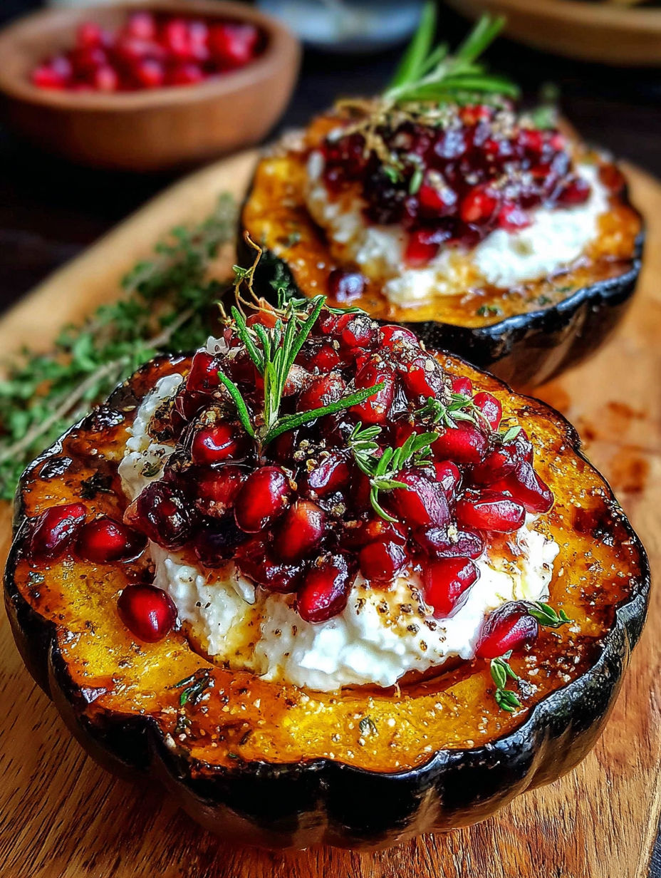 Two roasted acorn squash with ricotta and cranberry toppings.