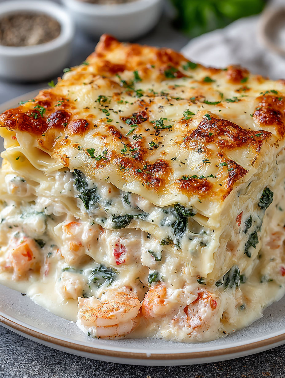 A large seafood lasagna on a plate.