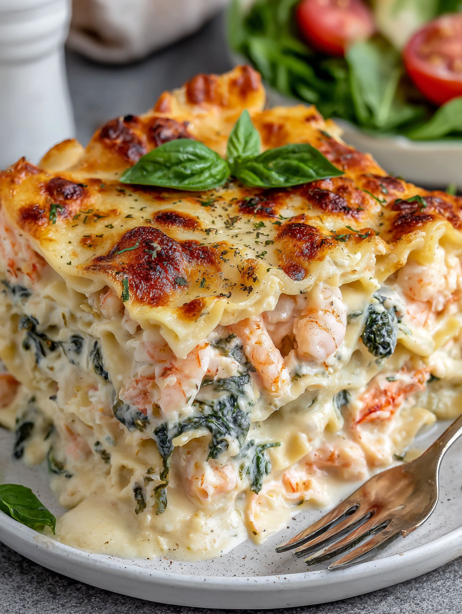 A seafood lasagna with a green topping.