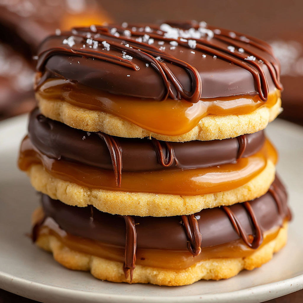 A stack of chocolate caramel shortbread cookies.