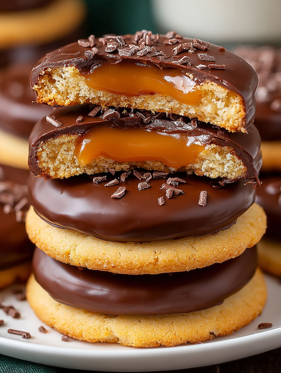 Chocolate caramel shortbread cookies stacked on top of each other.