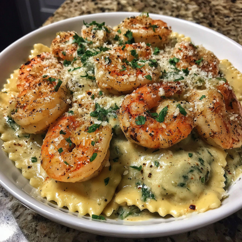 A bowl of creamy shrimp ravioli parmesan.