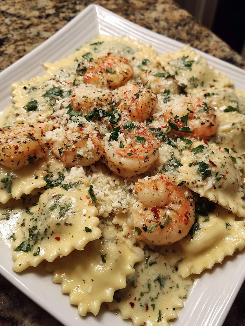 A plate of creamy shrimp ravioli parmesan.