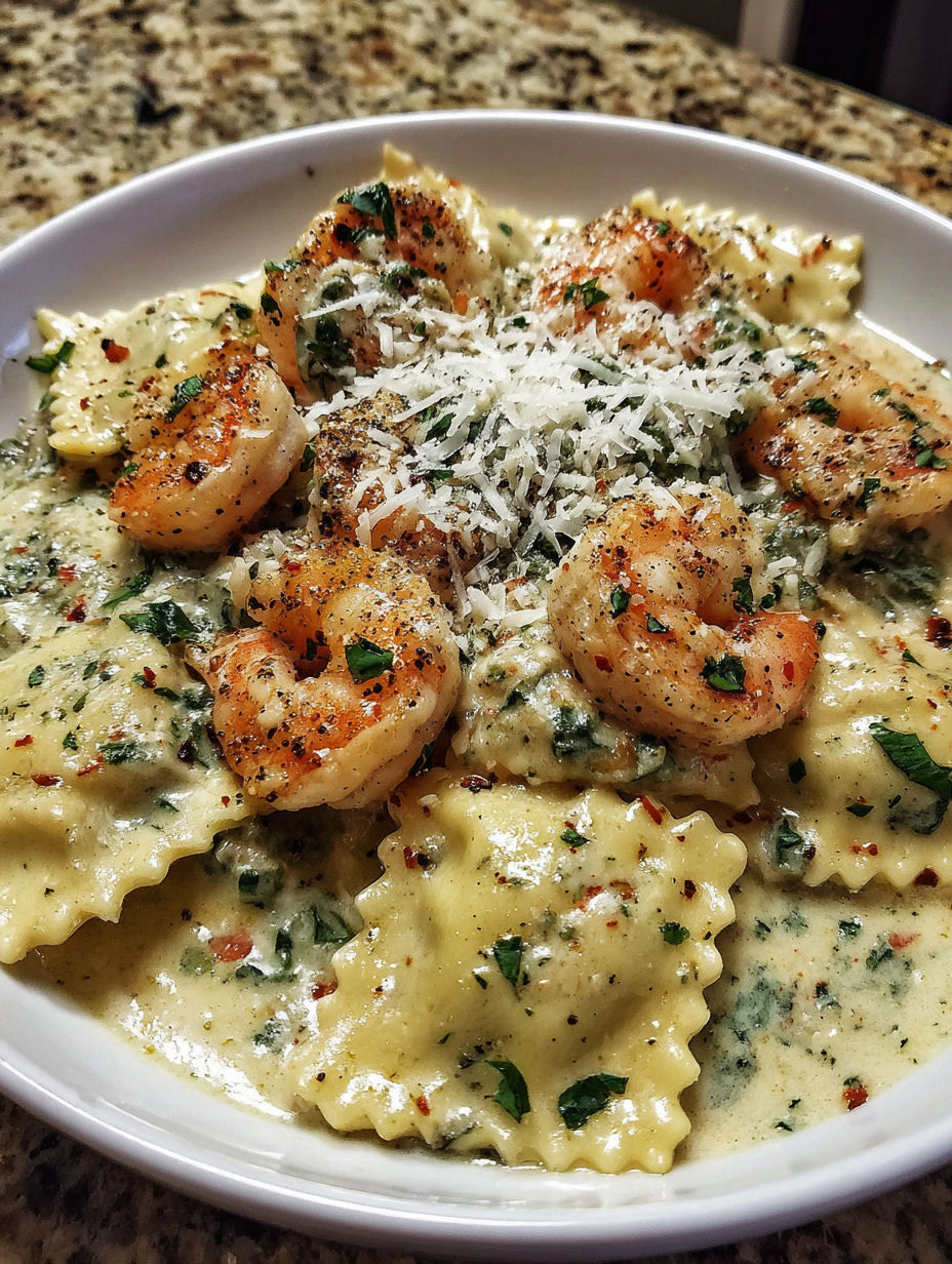 A bowl of creamy shrimp ravioli parmesan.