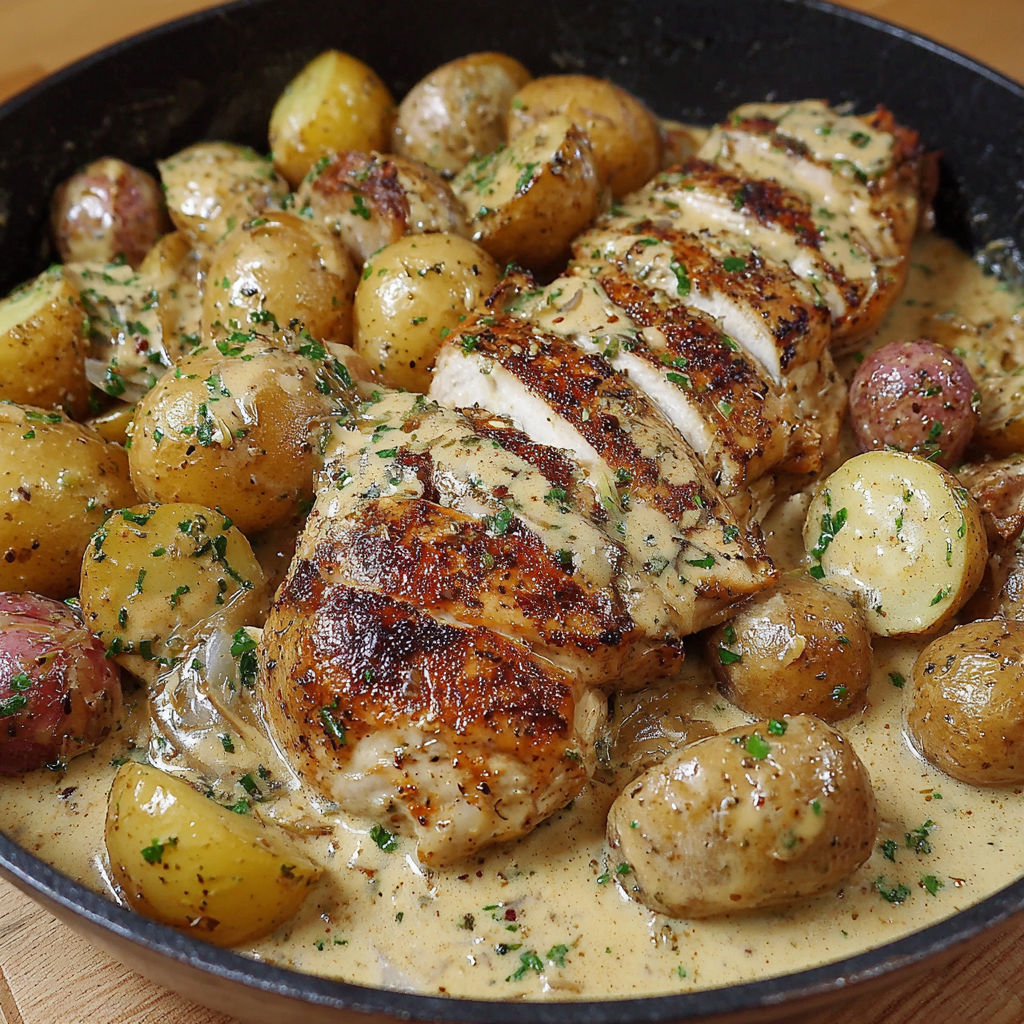 A dish of chicken and potatoes with a dijon sauce.