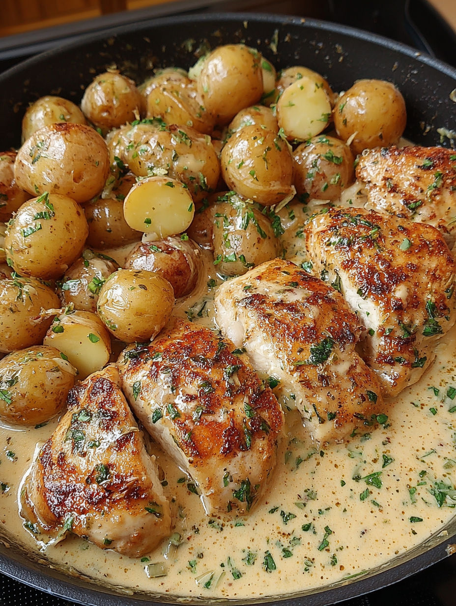 A dish of chicken and potatoes with a dijon sauce.