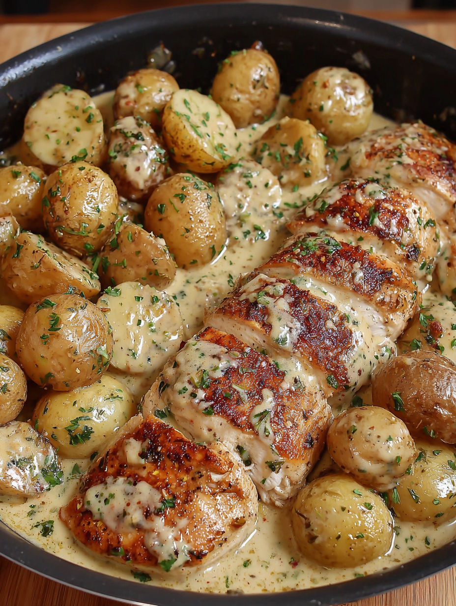 A delicious meal of chicken, potatoes, and herbs.
