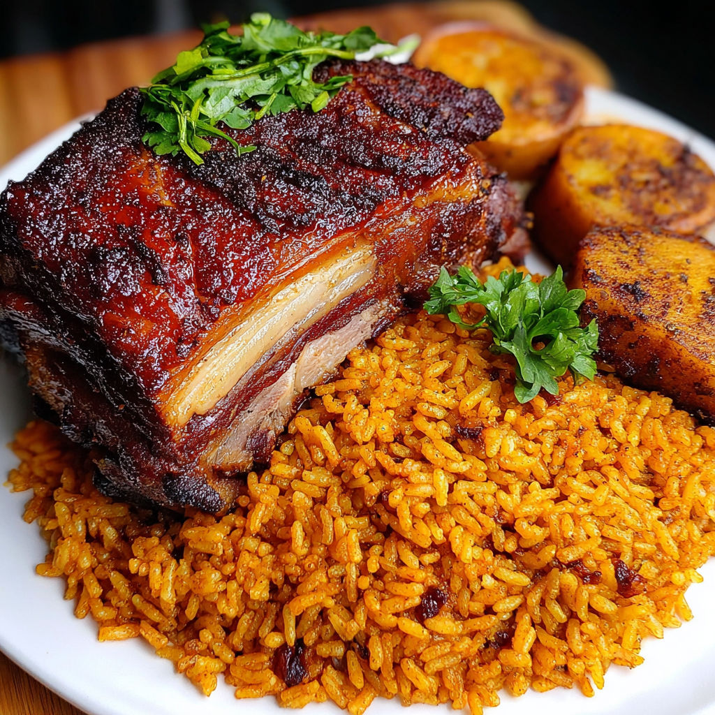 A plate of Puerto Rican roast pork with rice and plantains.
