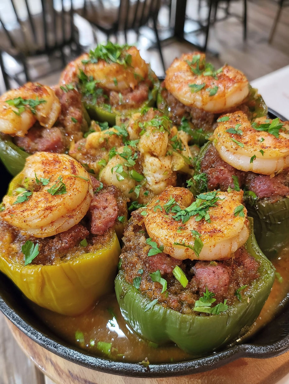 A dish of stuffed peppers with shrimp and sausage.