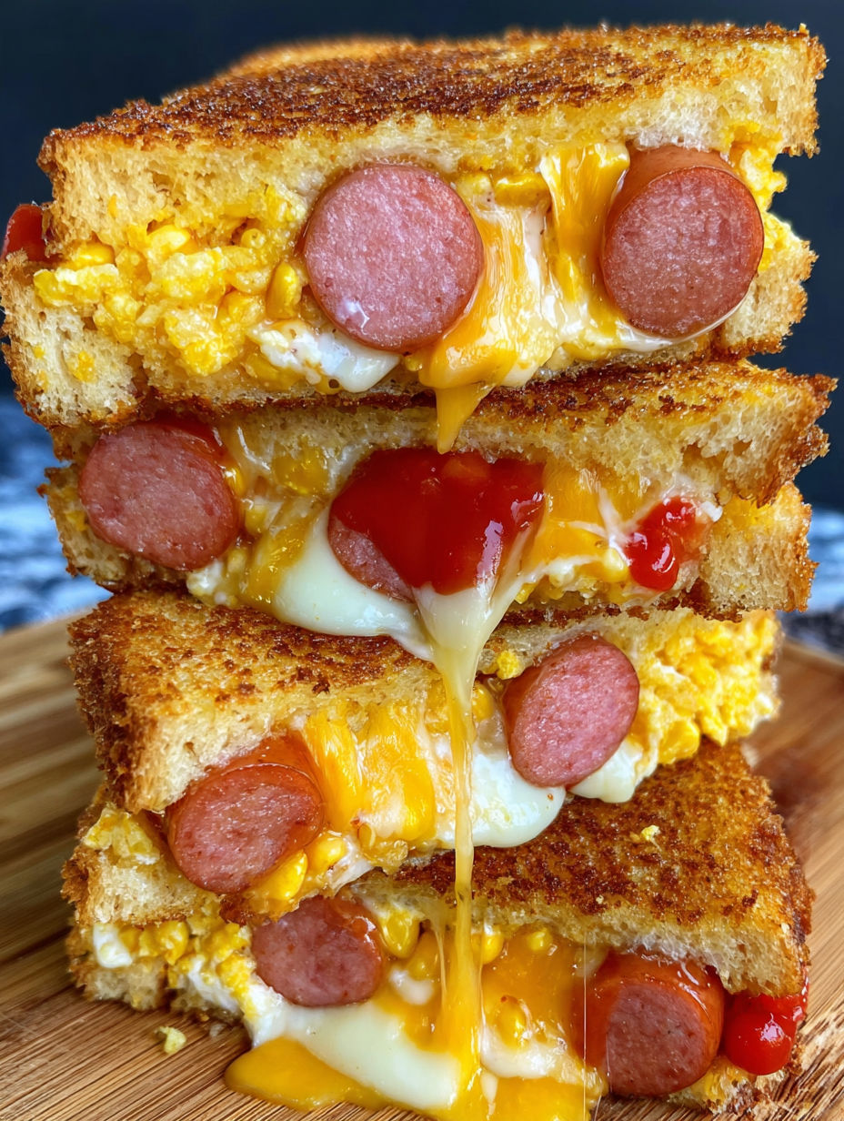 A stack of grilled cheese sandwiches with corn dogs in the middle.